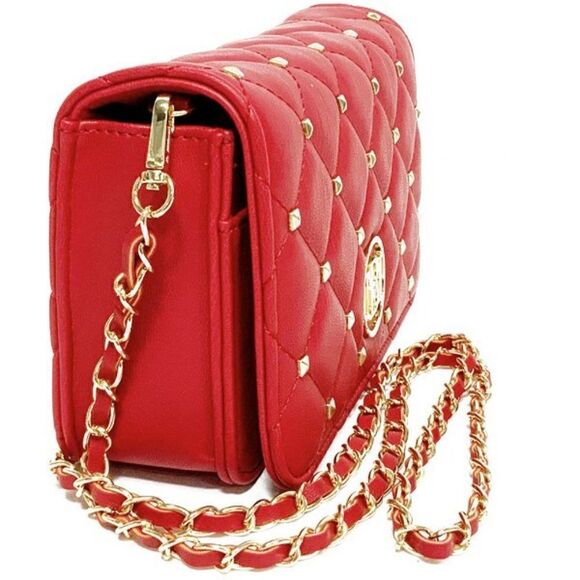 BADGLEY MISCHKA Diamond Quilted Red Crossbody Bag with Studs and Circle Logo NWT - Picture 2 of 10